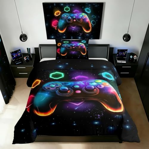 Homewish Gamer Bettwäsche 135x200 Kinder Gaming Bettwäsche-Set für Jungen Teenager,Farbe Gamepad Bettbezug Moderne Videospiele Geometrisches Sternenhimmel Gedruckt Neuheit Spielzimmer Dekor 2 Stücke