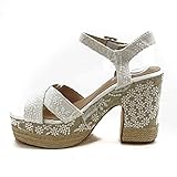  Alpargatas novia blancas Plataforma tacon. Sandalias mujer esparto con encaje blanco y tira T empiene. Talla: 37