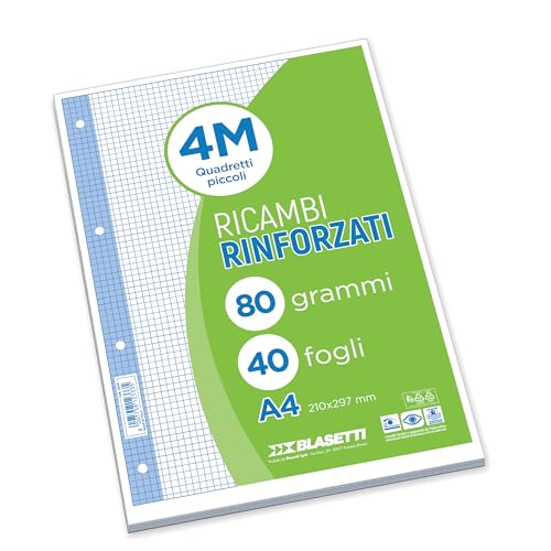 One Color - Ricambi Rinforzati A4-4M Quadretti 4mm - 40 fogli | Blasetti: fogli A4 80gr con buchi rinforzati, banda trasparente, quadretti e righe, conf. da 40.