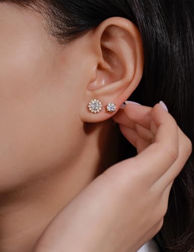 IMOLOVE Moissanite Stud Earrings in Sterling Silver With Yellow Gold Plated Trendy Flower Shaped Halo Earrings for Women — view 5
