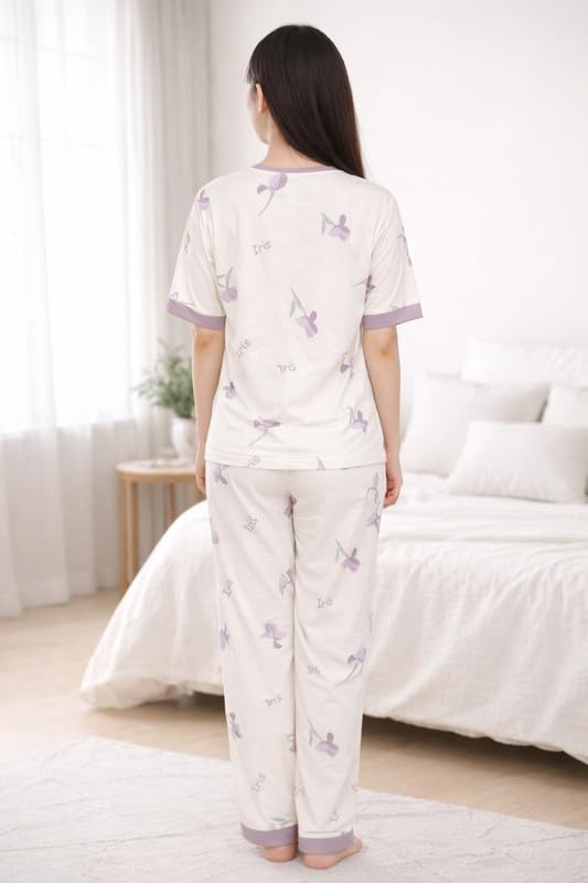 Image of Women's Pajama Set with Top & Pants|| Korean Night Wear|| Loose Fit Home Wear || Lightweight Printed Set || Soft & Comfy Girls & Women