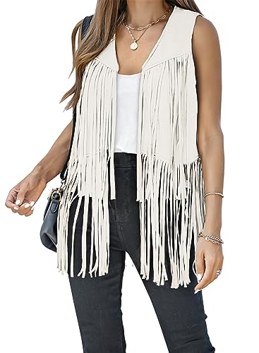 Dokotoo Colete feminino com franjas hippie dos anos 70 sem mangas, cowgirl, camurça sintética, borla