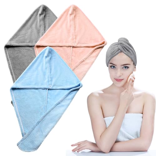 Qacpahucy 3 Piezas Toalla Microfibra Pelo - Gorro Secado Rápido Superabsorbente - Diseño con Botones y Anilla - Juego de 3 Colores (Gris Azul Claro Rosa) - Ideal para Salón y Hogar