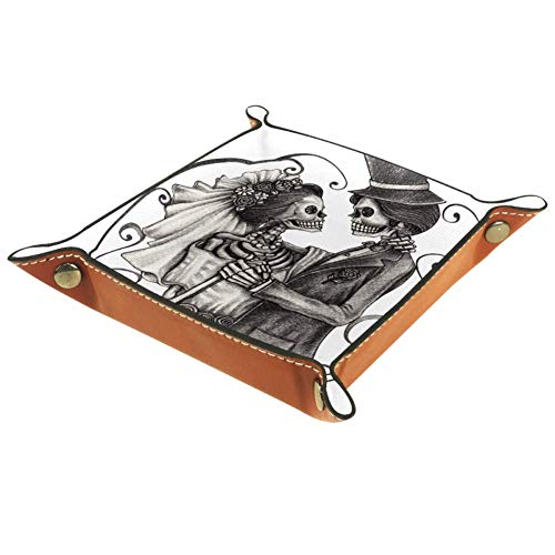 Preisvergleich Produktbild XiangHeFu Romantische Schädel-Liebeshochzeit Valet Tray Ledertablett Leder Catchall Schlüssel Handy Münzkasten für Schlüsselgeld Nachttisch Storage Container Box Organizer