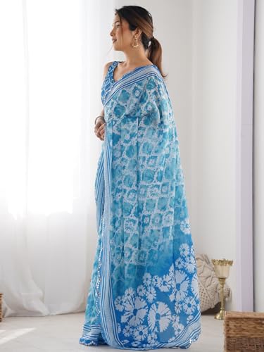 Image of Panzora Women's Chinon Printed Saree With Unstitched Blouse Piece