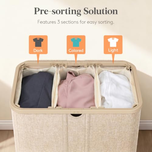 Image of Lifewit 185L Large Laundry Basket with Wheels and Lid, 3 Sections, Beige | Tall Rolling Laundry Hamper with 3 Removable Bags, Collapsible Dirty Clothes Hamper for Bedroom, Bathroom, Laundry Room, Dorm