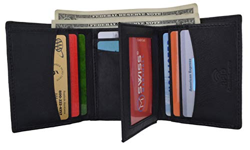 RFID Blocking Trifold Wallets for Men Genuine Leather Extra Capacity Middle Flap ID Tri-fold Men's Wallet (Black)2