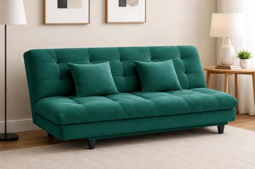 Image of Velvet Fabric Wooden 3-Seater Apsen Sofa Bed with Tufted Couch with Adjustable Backrest- Living Room Furniture-Green-Color