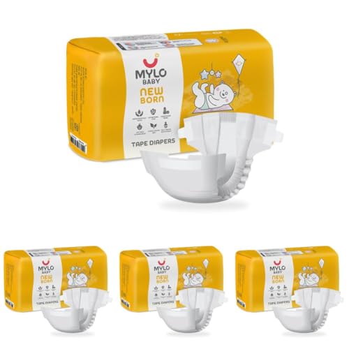 Image of Mylo Baby Tape Diaper Newborn (NB) Size Upto 5 kg Babies (26 Count) Leak Proof | Lightweight | Rash Free | Upto 12 Hours Protection | ADL Technology | with Zinc Oxide Layer (Pack of 4)