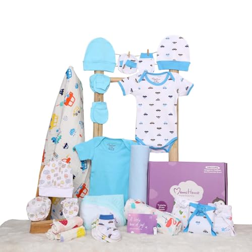Image of MOM'S HOME Newborn Baby Gift Set (0-6 Months) | 25 Pieces Organic Cotton Essentials Kit | Hospital Bag (Multicolor)