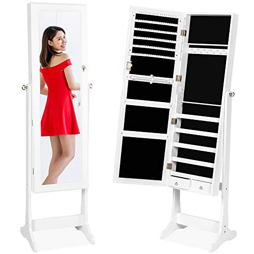 Best Choice Products Standing Mirror Armoire, Lockable Jewelry Storage Organizer Cabinet w  Velvet Interior, 3 Angle Adjustments - White