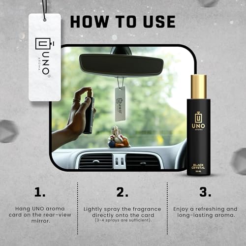 Image of Uno Aroma Black Crystal Car Perfume - Alcohol-Free, Long-Lasting Car Fragrance, Removes Odours, Toxin-Free & Easy to Use Hanging Card, No-Gas Car Perfume with 200+ Sprays, Lasts up to 90 days (30ml)