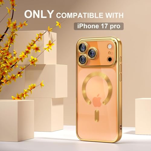 Image of VONZEE Compatible with iPhone 17 Pro Case with MagSafe, Transparent Shockproof Back Cover, Anti-Yellow Slim Protective Case with Camera Protection - Gold