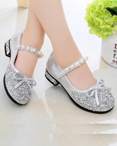 Girls' Glitter Mary Jane Dress Shoes, Pearl Strap, Silver, Low Heel,Size 2.52