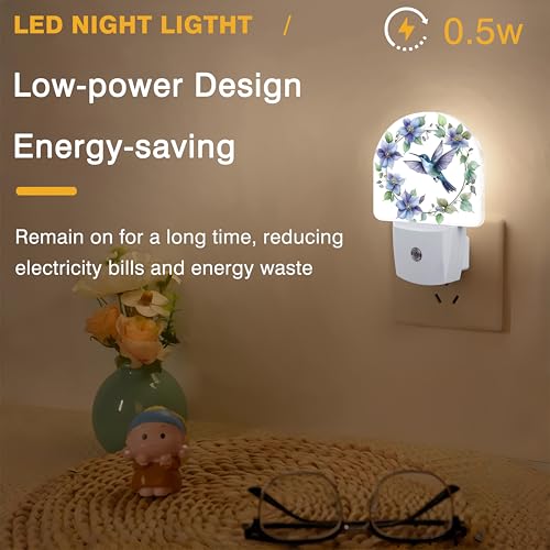 Image of Floral Night Light, Hummingbird Wreath Night Lights Plug into Wall Dusk to Dawn Sensor Round Nightlight for Women Men Energy Efficient Led Lamp 0.5W for Stairway Hallway Bedroom