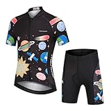 L PATTERN Kinder Radtrikot Set Jungen radsport anzüge (Fahrrad Trikot Kurzarm + Radhose) Mädchen Fahrradbekleidung Anzug mit Sitzpolster, Weltraum auf Schwarz, 122/128(Tag:M)