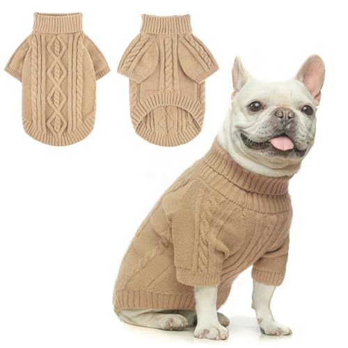Image of BEAUTYZOO Dog Sweaters for Medium Dogs, Knit Clothes with Harness Hole | Turtleneck Pullover Fall Winter Knitwear, Fuzzy Fleece Cold Weather Coat for Girl Boy Puppy, Warm Pet Sweatshirt, Beige M