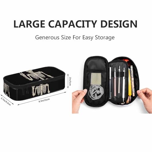 Image of Yekiua Human Skeleton Posing Pen Bag Rock Roll Skull Boho Hippie Large Pencil Case Big Capacity Pencil Pouch Pencil Holder Black