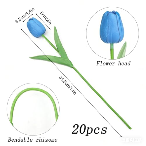 Image of 20Pcs Stems 13.5 Inch Light Blue PU Artificial Moisturizing Tulips, Faux Tulips Flowers for Thanksgiving Christmas Decorations Wedding Home Table Vase Floral Arrangements