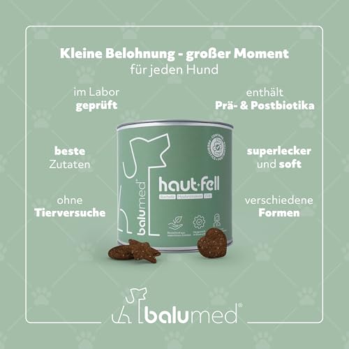 balumed® Snacks Haut+Fell hochkonzentriert mit Hyaluronsäure für Hund, Leckerli mit Präbiotika, Postbiotika, Bierhefe, Zink & Omega-3, Kamillenblüten, Vitamine B1 + E, Beta-Carotin, 325 g