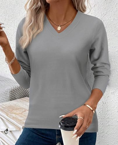 Image of Women's Spring Sweaters 2026 Casual Long Sleeve Pullover V Neck Lightweight Sweatshirts Cute Blouse Tops