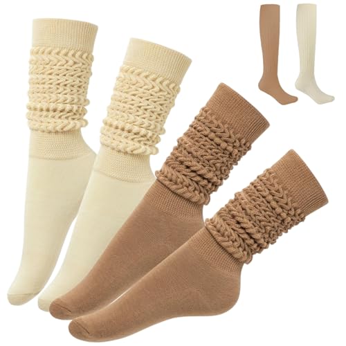 2Pairs Womens Scrunch Socks Extra Long Breathable & Soft Girls Slouch Socks Free Size Beige & Camel Tube Women for Girls Children Shoes Supplies Womens Scrunch