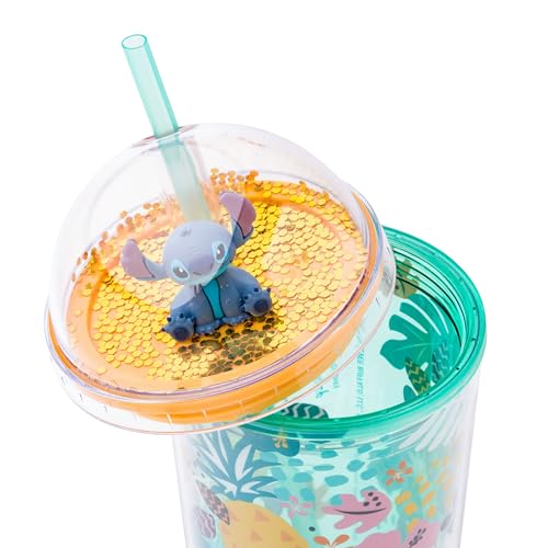 Image of Silver Buffalo Disney Lilo and Stitch Aloha, Dome Top Travel Tumbler, 24oz | Tropical Leaves Pattern, Glitter Finish, 0.71 Liters