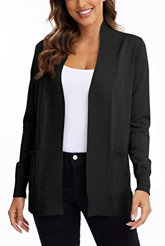 EXCHIC Damen Lange Ärmel Gestrickt Strickjacke Leicht Gemütlich Offene Vorderseite Lange Freizeitjacke mit Taschen (XL, Schwarz) Cover