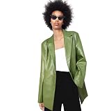 MJORI Women's Oversized Faux Leather Long Blazer Jackets PU Lapel Outerwear with Pocket(Green,L)