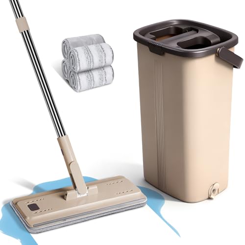 Masthome Balai Serpillère, Serpillière Seau Essoreur, Rotatif 360° Serpillere Microfibre et Seau Auto-Lavage, 4 Mops Réutilisables Fournies, pour Nettoyage...