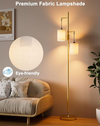 Image of Lightdot 65IN Gold Floor Lamp for Living Room, Industrial 2-Light Tree Floor Lamps with Linen Shade, Modern Standing Tall Lamp with 5Lbs Heavy Base for Bedroom /Sofa Beside /Corner Decor(Bulb Included)