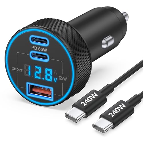130W 3-Port USB C Super Fast Car Charger (with Voltage Display) for Samsung Galaxy S26/S25/ S24/S23/S22 Ultra/Z Fold/Flip Android Phone Type C Car Charger Adapter Accessories + 240W 3FT USB C Cable