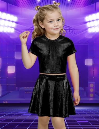 Image of Happy Cherry Kid Girl Shiny Skirt and Top Set 2 Piece Texture Ribbed Metallic Disco Rave Cheer Outfit 4-12T