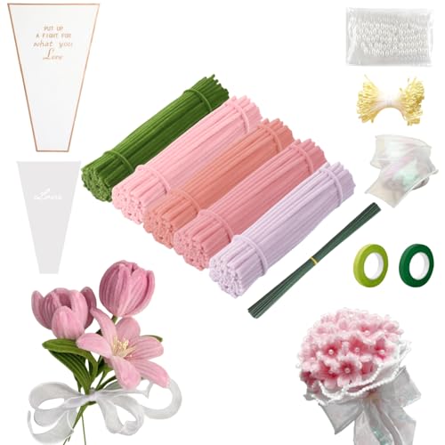 FINEVERNEK 250 Pièces Fil Chenille Bouquet de Tulipes, 5 Couleurs de Cure Pipe Chenille, avec Floratape et Tige Fleur Artificielle, Adapté aux Fournitures de Bouquet de Fleurs et de Décoration DIY