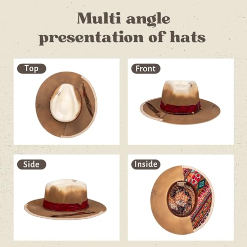 Image of RUEDIGER Vintage Wide Brim Fedora Hats 100% Wool Stiff Felt Hat Rancher Hat with Lightning Logo Handmade Distressed /Burned