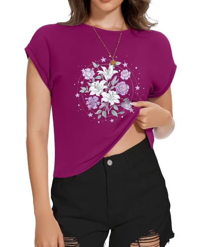 Image of Womens Crop Tops Summer Roll Cap Sleeve Cropped Tshirt Loose Fit Basic Tees