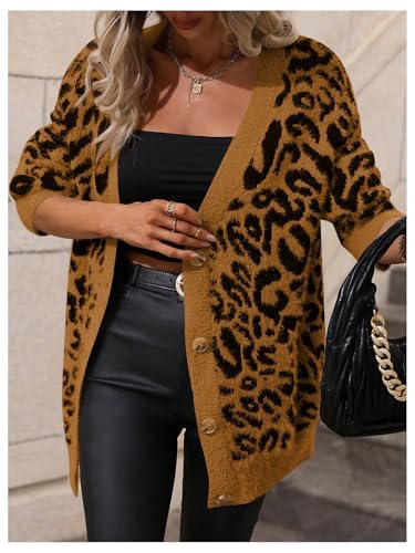 Image of SOLY HUX Women's Leopard Print Cardigan Sweaters Button Down V Neck Long Sleeve Fuzzy Cardigans