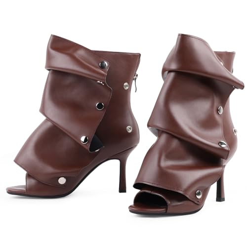 FancyQueen Open Toe Ankle Boots, Brown Stiletto High Heels Slouchy Summer Boots Fold Over Slouch Shark Peep Toe Booties for Office Party, Snap-off Panel, Pointed Toe