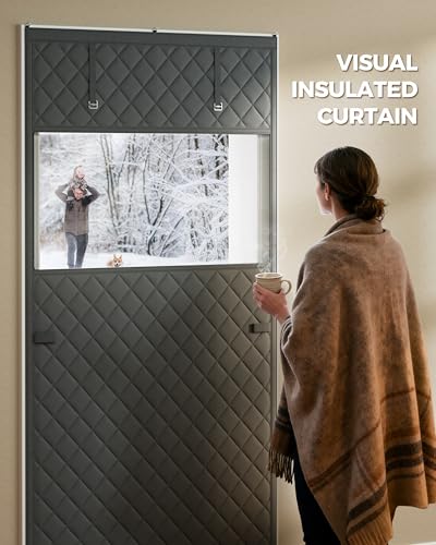 Image of Augblinds Thermal Insulated Door Curtain Fits Door Size 32 x 80 Inch, Oxford Cloth Thicken Cotton Fiber, Curtain Size 35 inch x 82 inch, Single Piece Screen Insulation Cover to Keep Warm, with Clear Windows