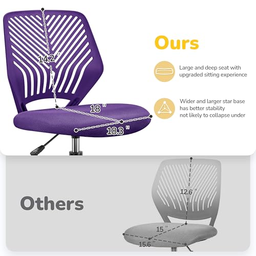 Image of Yaheetech Student Desk Chair, Low-Back Armless Study Chair with Lumbar Support, Adjustable Swivel Office Chair for Home Bedroom School, Purple