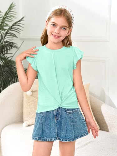 Image of Haloumoning Girls Ruffle Sleeve T Shirts Summer Crewneck Shirt 5-14 Years