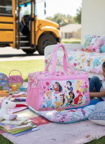 Image of Disney Princess Kids Duffle Bag 16.5 inch - Travel & Sports Bag with Zipper Pocket, Mesh Side Pockets & Shoulder Strap