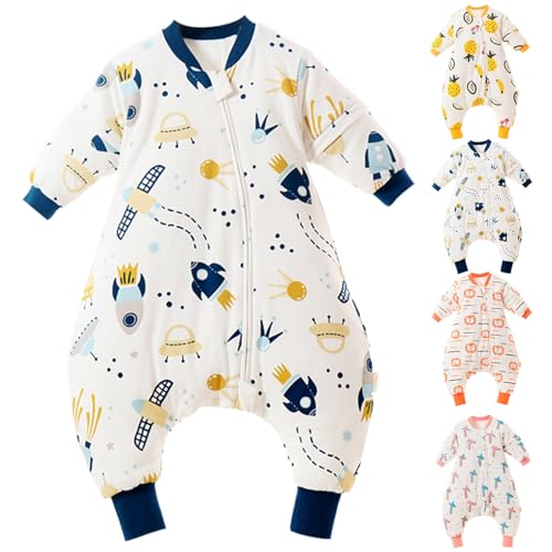 Eurobuy Baby Sleeping Bag with Legs, Unisex Winter Kids Sleeping Bag Cotton Soft Comfortable Toddler Wearable Blanket with Removable Sleeves (Cartoon Spaceship, 10-18 month)
