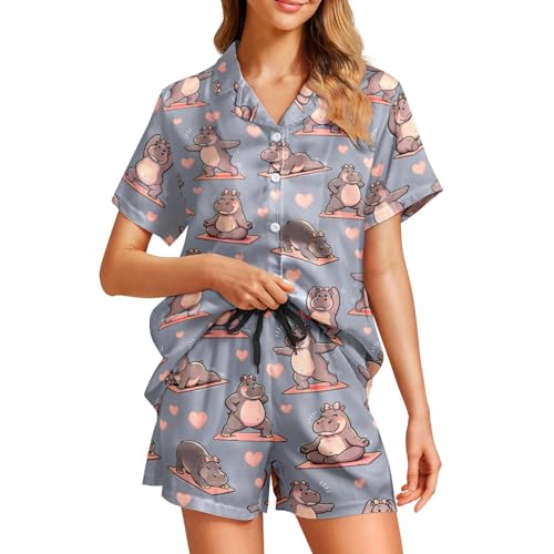 Image of Funny Pajamas for Women Set Print Satin Loungewear Pjs Short Sleeve Button Down Top and Shorts Sets Sleepwear XS-3XL