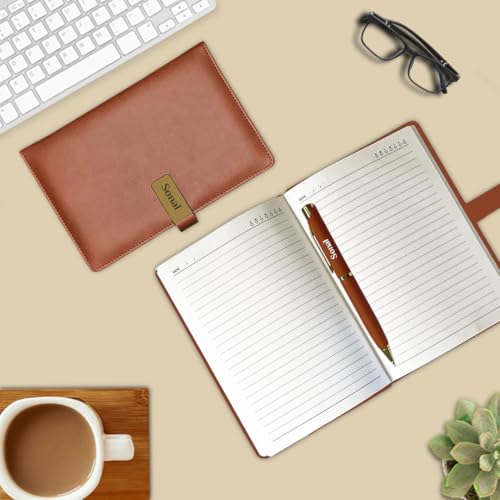 Image of Giftana Personalized Notebook Diary with Pen Gift Set for Men and Women, 2 in 1 Customized Office Diaries A5 Size Notebook, Diwali Gifts, Personalised New Year Corporate Gifts for Employees (Tan Golden)