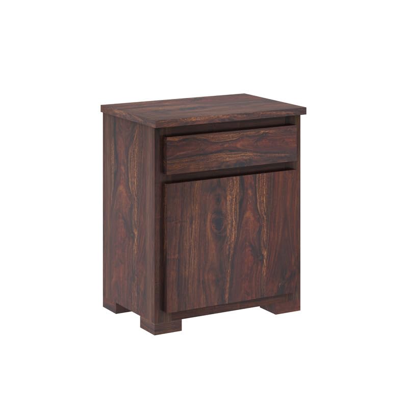 Image of Solid Sheesham Wood Bedside Table with 1 Drawer & 1 Door Storage, End Table, Side Table for Bedroom, Living Room, Home (Walnut Finish)