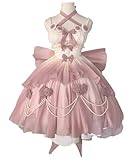 Clivetalos Pink Lolita Dress for Women Girls, Kawaii Princess Dress for Cosplay Costumes, Sweet Lace Layers Maid Outfit Sleeveless