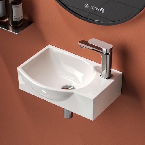 EMKE Lavabo de pared pequeño de esquina de medio círculo, lavabo de cerámica para baño, lavabo blanco 30 x 25 x 12 cm (largo x ancho x alto)