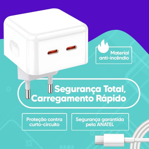 Carregador Tipo C Turbo 50W com Cabo USB-C 1M e Fonte Compatível com Iphone 15 16 Pro Max Plus Ultra