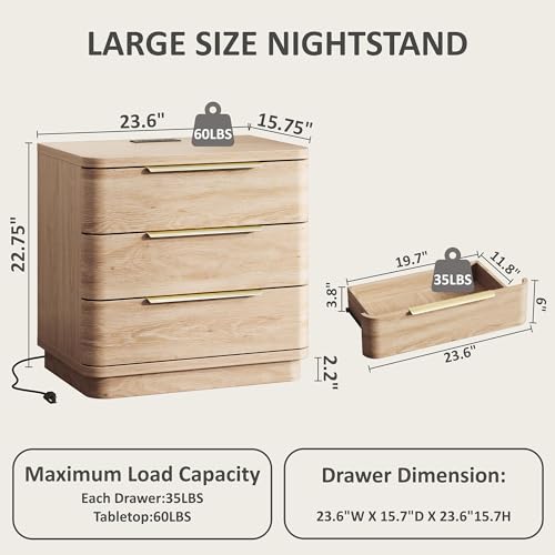 Image of Nightstands Set of 2, Bedside Table with 3 Storage Drawers, 24 inch Tall Wood Night Stand with Charging Station, Modern Wide End Table Side Table W /Metal Handle Curved Profile for Bedroom
